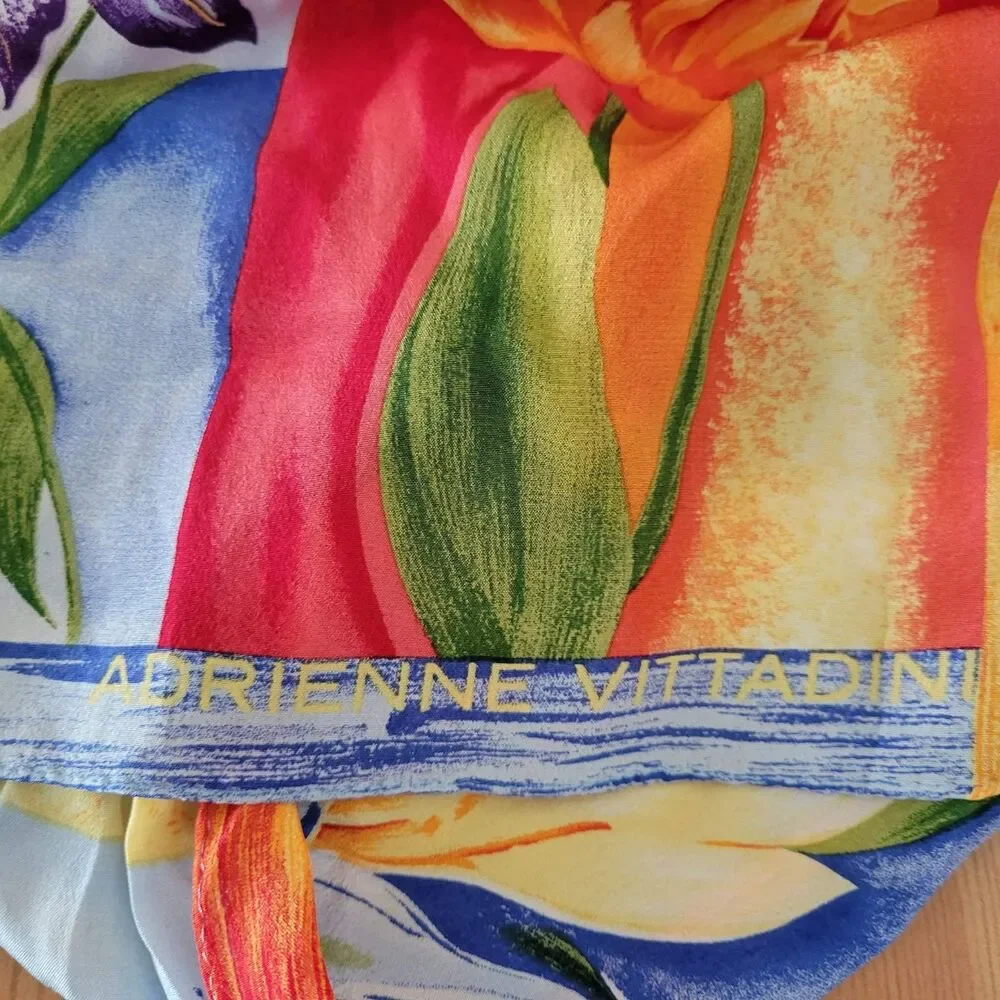 Vtg Adrienne Vittadini Silk Scarf Tulip Floral Botanical 90s Whimsical Granny